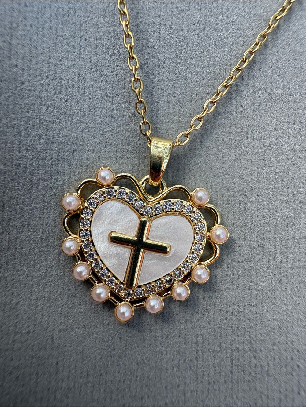 Gold Heart Pendant Necklace with Cross and Pearl Accent - Picture 2 of 7